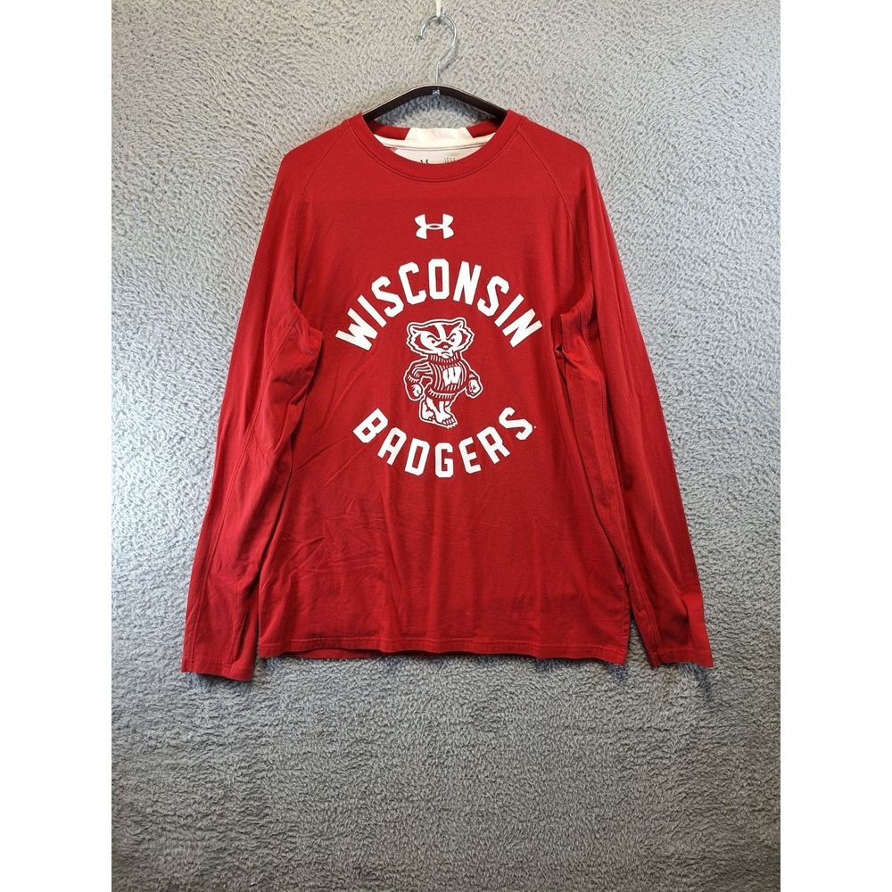 Wisconsin Badgers Shirt Mens L Red Under Armor Football NCAA Loose Fit HeatGear